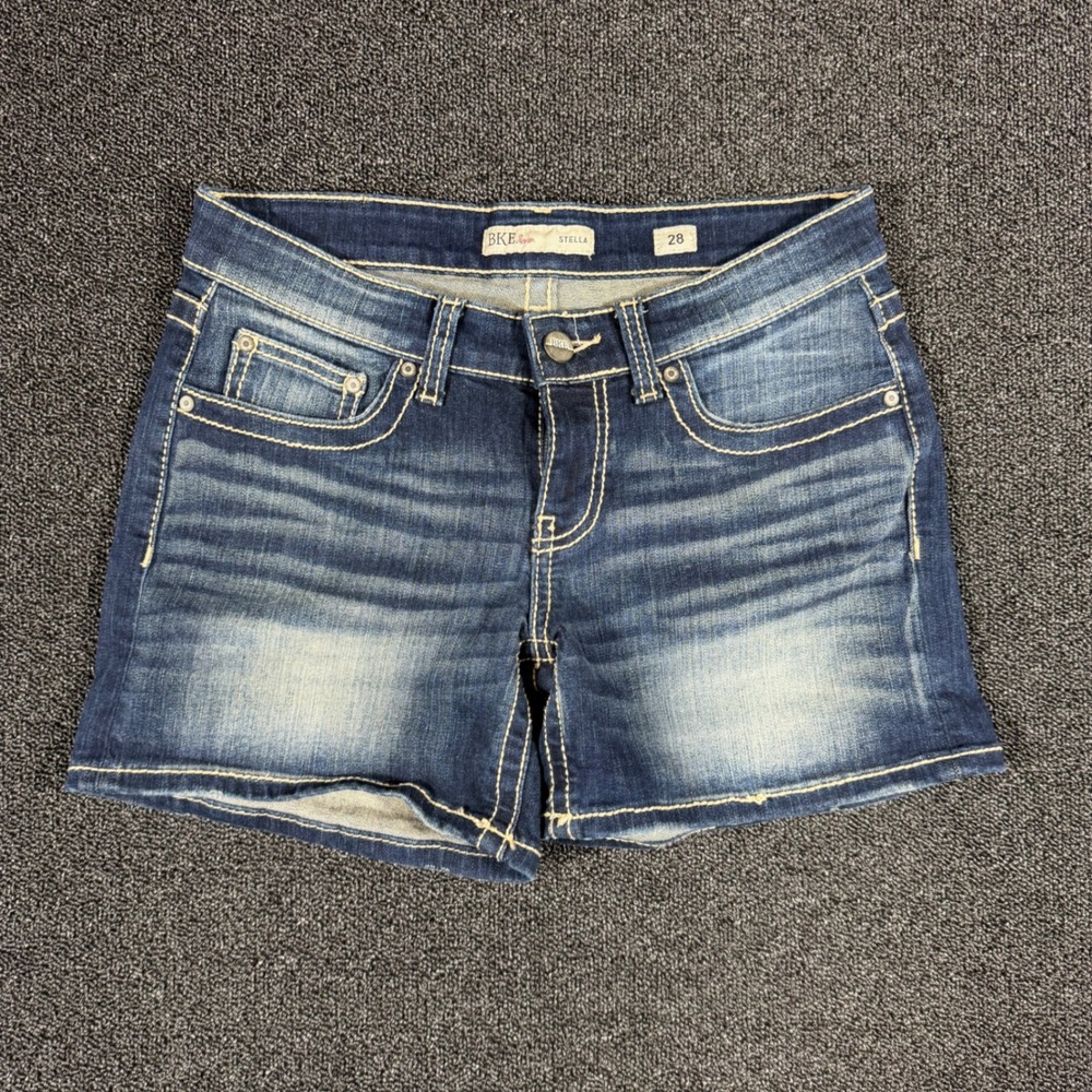 BKE Stella Denim Mid Rise Shorts Women's 28 Dark Wash Blue Stretch Embroidered